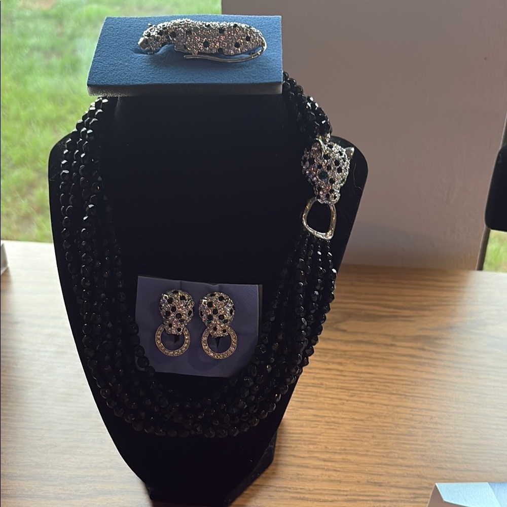 Kenneth Jay Lane, Panther Jewelry Set.  Necklace, pen, and earrings.